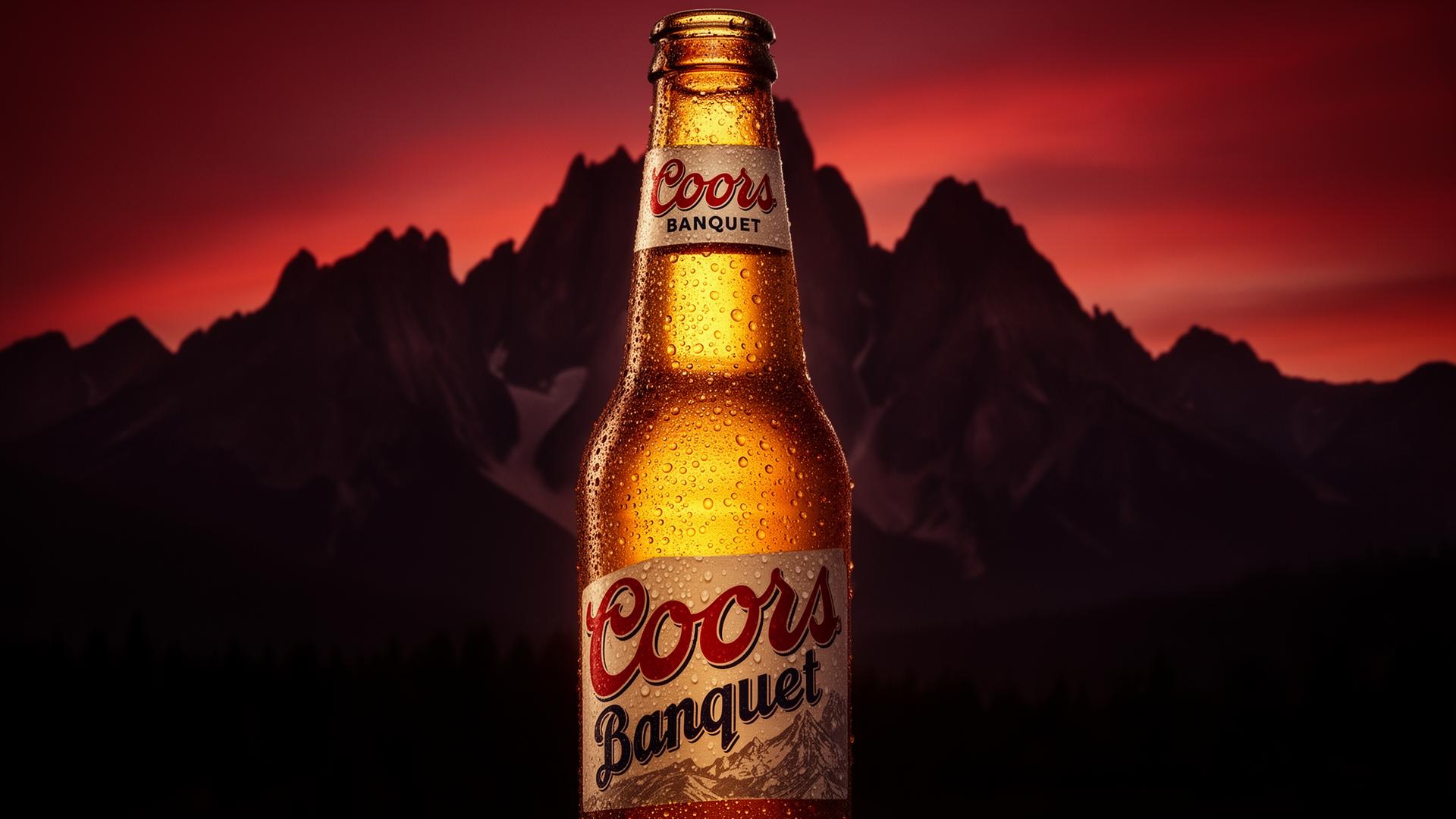 Ice-cold Coors Banquet bottle in front of the Rocky Mountains at dusk